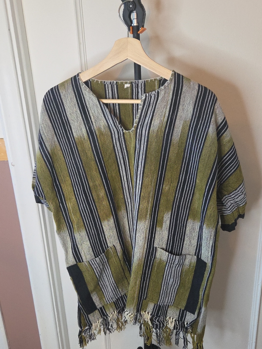 Olive & Black Striped Women's Fringe Top